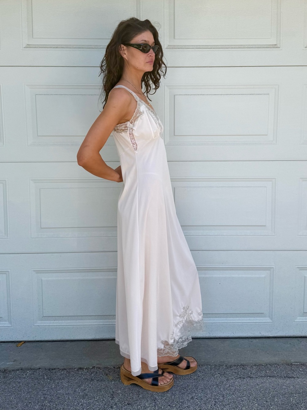 Vintage 60s Nightgown Maxi Slip Dress Lace-Trim Long Chemise Slip in Cream Ecru - Picture 4 of 14